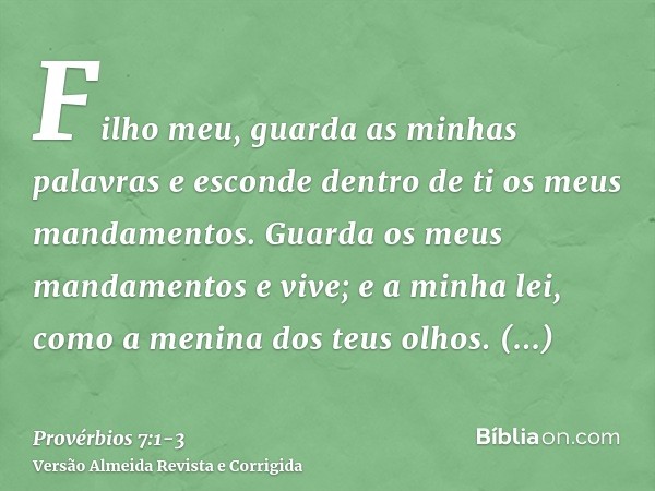 Filho meu, guarda as minhas palavras e esconde dentro de ti os meus mandamentos.Guarda os meus mandamentos e vive; e a minha lei, como a menina dos teus olhos.A