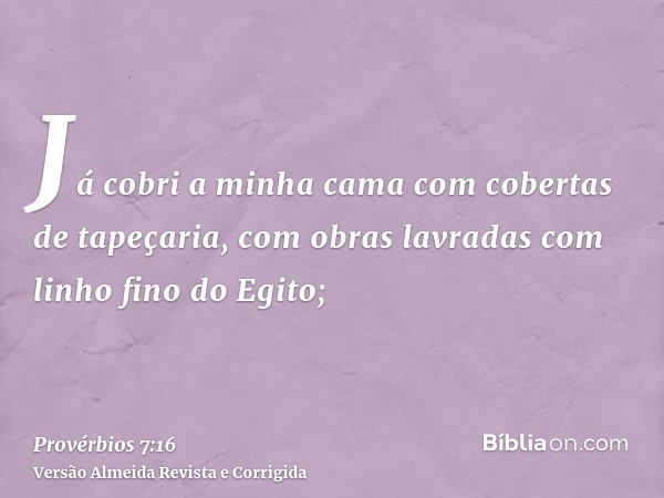 Já cobri a minha cama com cobertas de tapeçaria, com obras lavradas com linho fino do Egito;