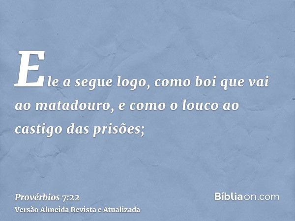 Ele a segue logo, como boi que vai ao matadouro, e como o louco ao castigo das prisões;