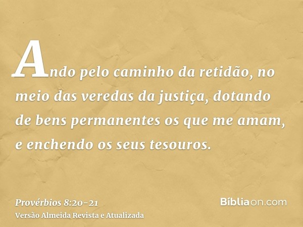 Ando pelo caminho da retidão, no meio das veredas da justiça,dotando de bens permanentes os que me amam, e enchendo os seus tesouros.