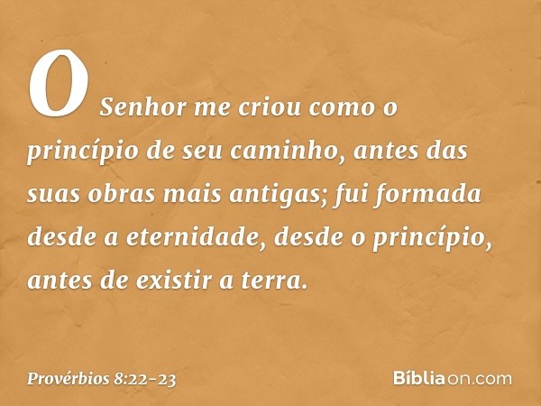 "O Senhor me criou
como o princípio de seu caminho,
antes das suas obras mais antigas; fui formada desde a eternidade,
desde o princípio, antes de existir a ter