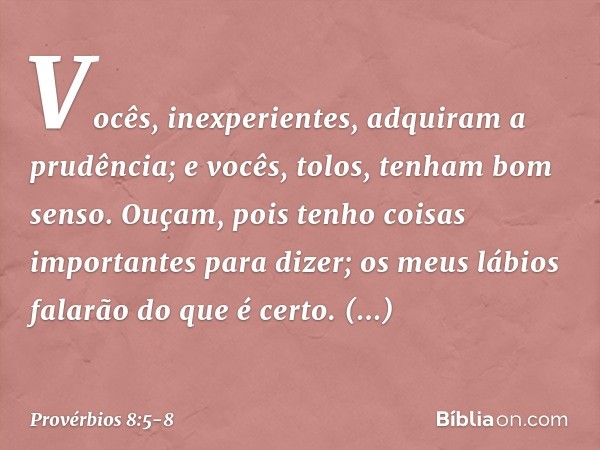 Vocês, inexperientes,
adquiram a prudência;
e vocês, tolos, tenham bom senso. Ouçam, pois tenho coisas importantes
para dizer;
os meus lábios falarão do que é c
