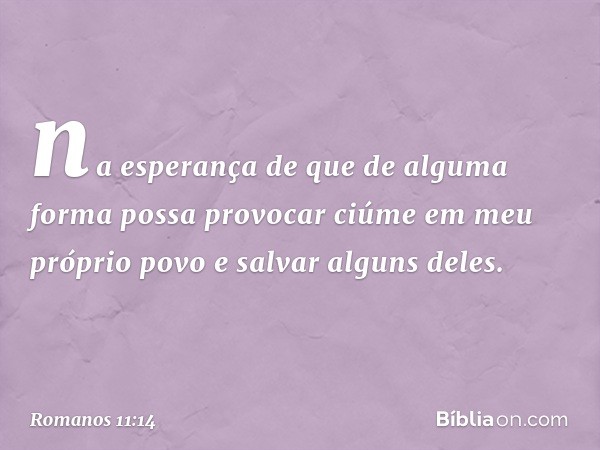 na esperança de que de alguma forma possa provocar ciúme em meu próprio povo e salvar alguns deles. -- Romanos 11:14