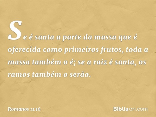 Se é santa a parte da massa que é oferecida como primeiros frutos, toda a massa também o é; se a raiz é santa, os ramos também o serão. -- Romanos 11:16