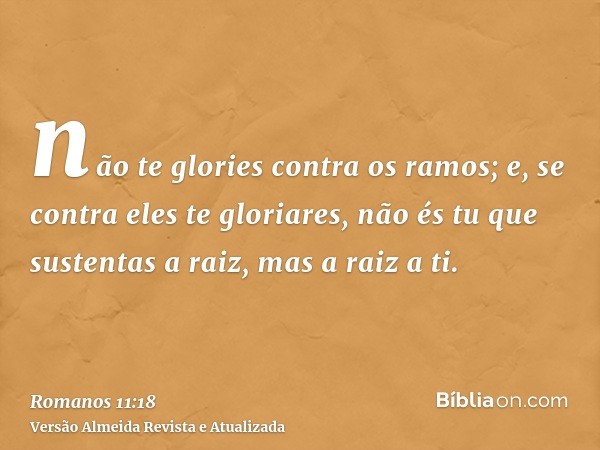 não te glories contra os ramos; e, se contra eles te gloriares, não és tu que sustentas a raiz, mas a raiz a ti.