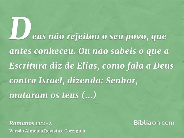 Deus não rejeitou o seu povo, que antes conheceu. Ou não sabeis o que a Escritura diz de Elias, como fala a Deus contra Israel, dizendo:Senhor, mataram os teus