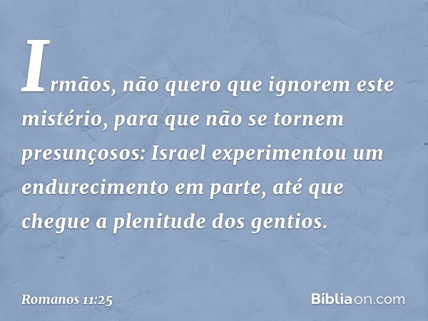 Irmãos, não quero que ignorem este mistério, para que não se tornem presunçosos: Israel experimentou um endurecimento em parte, até que chegue a plenitude dos g