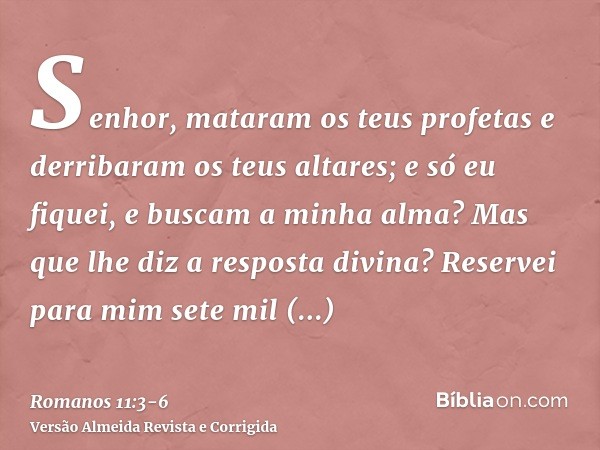 Senhor, mataram os teus profetas e derribaram os teus altares; e só eu fiquei, e buscam a minha alma?Mas que lhe diz a resposta divina? Reservei para mim sete m