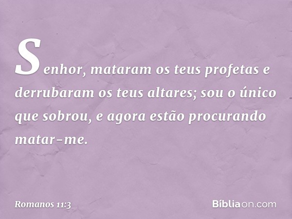 "Senhor, mataram os teus profetas e derrubaram os teus altares; sou o único que sobrou, e agora estão procurando matar-me." -- Romanos 11:3