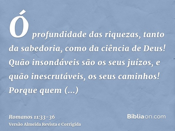 Ó profundidade das riquezas, tanto da sabedoria, como da ciência de Deus! Quão insondáveis são os seus juízos, e quão inescrutáveis, os seus caminhos!Porque que