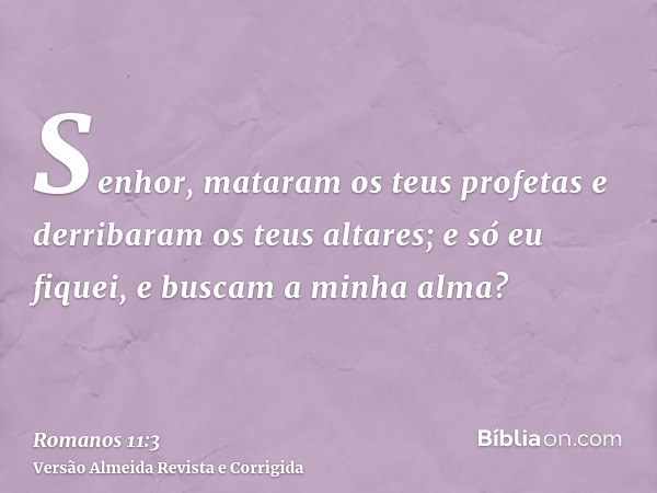 Senhor, mataram os teus profetas e derribaram os teus altares; e só eu fiquei, e buscam a minha alma?