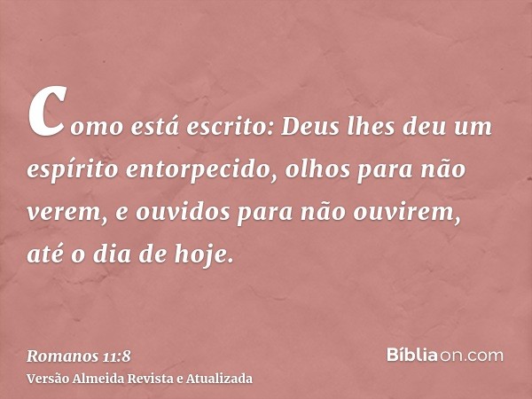 como está escrito: Deus lhes deu um espírito entorpecido, olhos para não verem, e ouvidos para não ouvirem, até o dia de hoje.