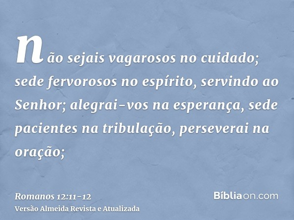 não sejais vagarosos no cuidado; sede fervorosos no espírito, servindo ao Senhor;alegrai-vos na esperança, sede pacientes na tribulação, perseverai na oração;