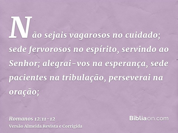 Não sejais vagarosos no cuidado; sede fervorosos no espírito, servindo ao Senhor;alegrai-vos na esperança, sede pacientes na tribulação, perseverai na oração;