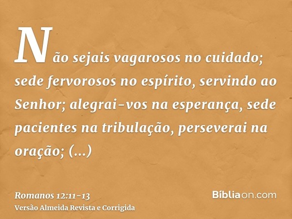 Não sejais vagarosos no cuidado; sede fervorosos no espírito, servindo ao Senhor;alegrai-vos na esperança, sede pacientes na tribulação, perseverai na oração;co