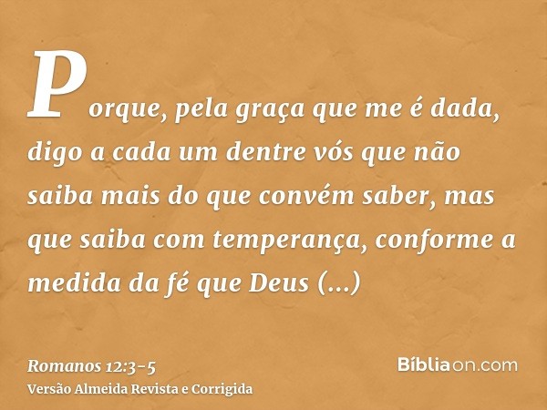 Porque, pela graça que me é dada, digo a cada um dentre vós que não saiba mais do que convém saber, mas que saiba com temperança, conforme a medida da fé que De