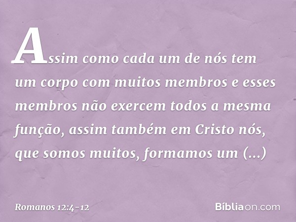 Assim como cada um de nós tem um corpo com muitos membros e esses membros não exercem todos a mesma função, assim também em Cristo nós, que somos muitos, formam