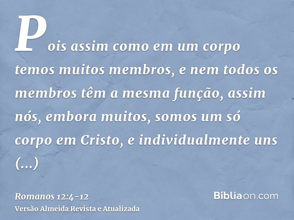 Pois assim como em um corpo temos muitos membros, e nem todos os membros têm a mesma função,assim nós, embora muitos, somos um só corpo em Cristo, e individualm