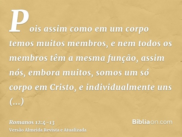 Pois assim como em um corpo temos muitos membros, e nem todos os membros têm a mesma função,assim nós, embora muitos, somos um só corpo em Cristo, e individualm