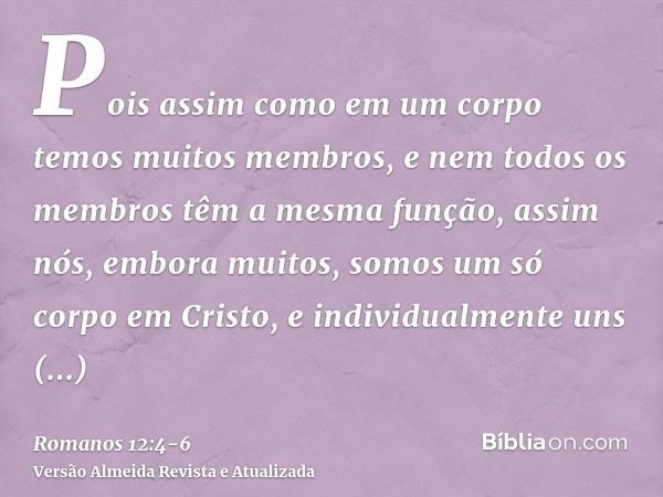 Pois assim como em um corpo temos muitos membros, e nem todos os membros têm a mesma função,assim nós, embora muitos, somos um só corpo em Cristo, e individualm