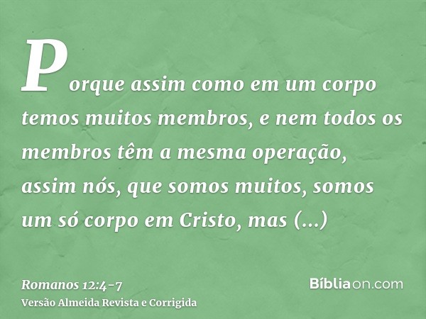 Porque assim como em um corpo temos muitos membros, e nem todos os membros têm a mesma operação,assim nós, que somos muitos, somos um só corpo em Cristo, mas in