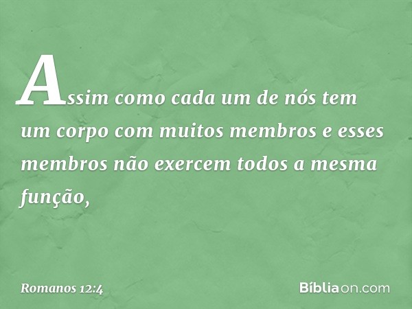 Assim como cada um de nós tem um corpo com muitos membros e esses membros não exercem todos a mesma função, -- Romanos 12:4