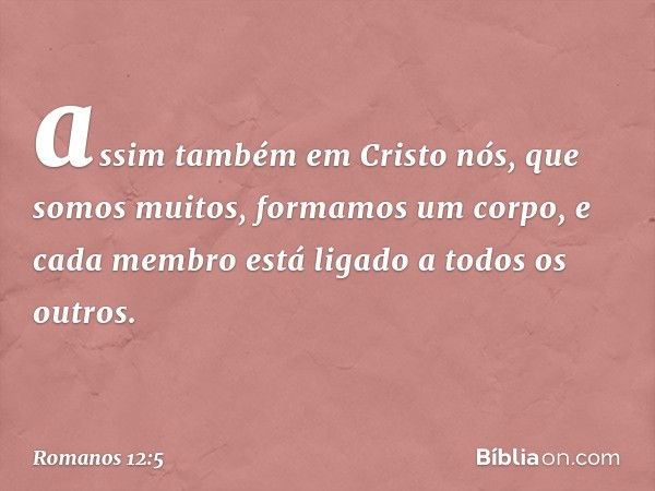 assim também em Cristo nós, que somos muitos, formamos um corpo, e cada membro está ligado a todos os outros. -- Romanos 12:5