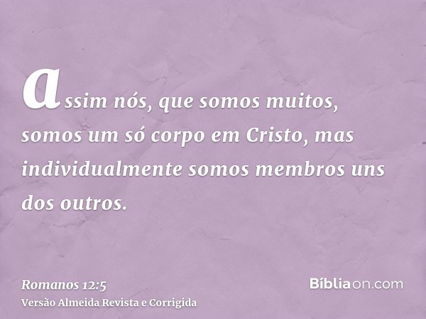 assim nós, que somos muitos, somos um só corpo em Cristo, mas individualmente somos membros uns dos outros.