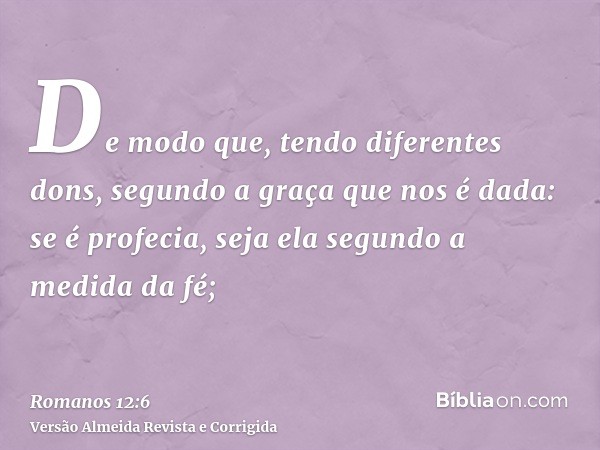 De modo que, tendo diferentes dons, segundo a graça que nos é dada: se é profecia, seja ela segundo a medida da fé;
