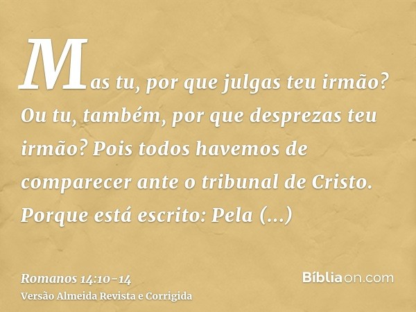 Mas tu, por que julgas teu irmão? Ou tu, também, por que desprezas teu irmão? Pois todos havemos de comparecer ante o tribunal de Cristo.Porque está escrito: Pe