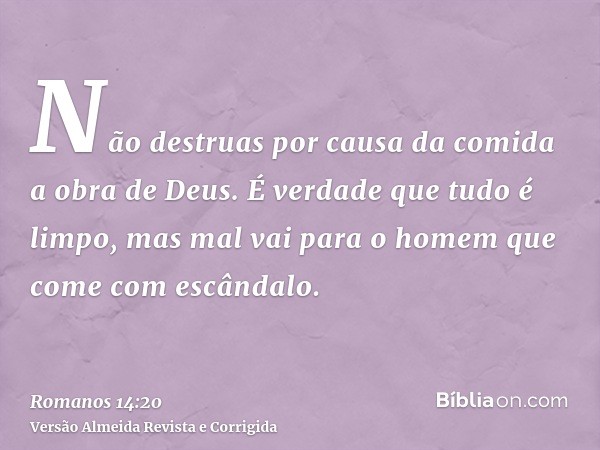 Não destruas por causa da comida a obra de Deus. É verdade que tudo é limpo, mas mal vai para o homem que come com escândalo.