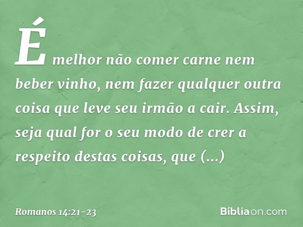 É melhor não comer carne nem beber vinho, nem fazer qualquer outra coisa que leve seu irmão a cair. Assim, seja qual for o seu modo de crer a respeito destas co