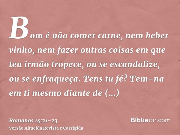 Bom é não comer carne, nem beber vinho, nem fazer outras coisas em que teu irmão tropece, ou se escandalize, ou se enfraqueça.Tens tu fé? Tem-na em ti mesmo dia