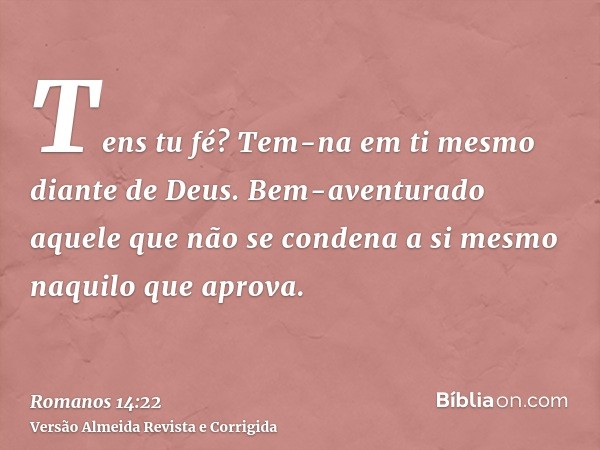 Tens tu fé? Tem-na em ti mesmo diante de Deus. Bem-aventurado aquele que não se condena a si mesmo naquilo que aprova.