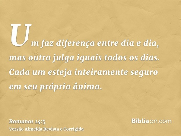 Um faz diferença entre dia e dia, mas outro julga iguais todos os dias. Cada um esteja inteiramente seguro em seu próprio ânimo.