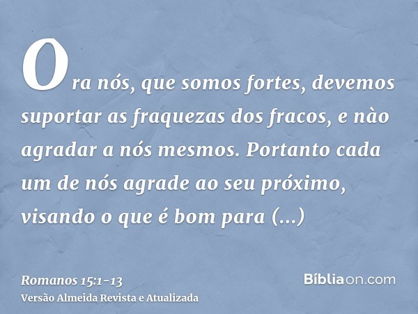 Ora nós, que somos fortes, devemos suportar as fraquezas dos fracos, e nào agradar a nós mesmos.Portanto cada um de nós agrade ao seu próximo, visando o que é b