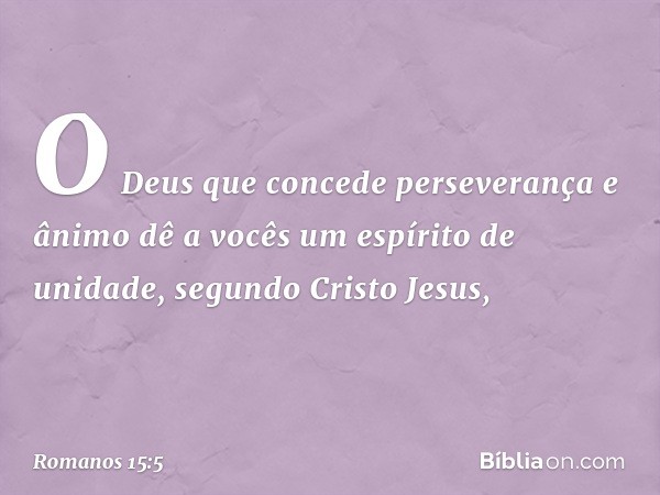 O Deus que concede perseverança e ânimo dê a vocês um espírito de unidade, segundo Cristo Jesus, -- Romanos 15:5