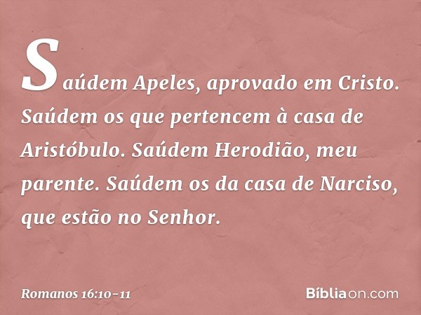 Saúdem Apeles, aprovado em Cristo.
Saúdem os que pertencem à casa de Aristóbulo. Saúdem Herodião, meu parente.
Saúdem os da casa de Narciso, que estão no Senhor