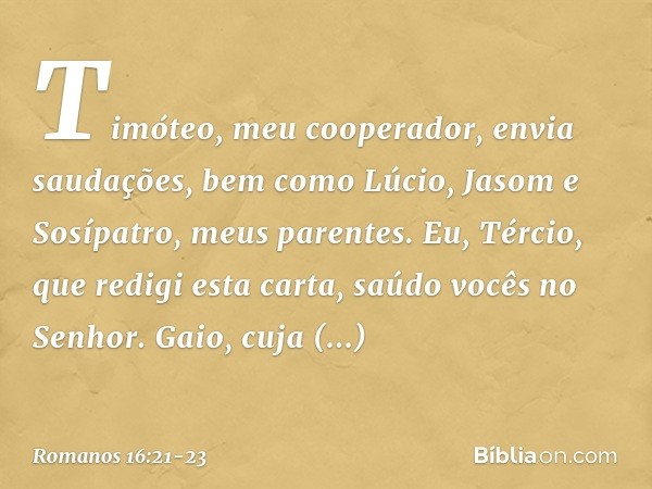 Timóteo, meu cooperador, envia saudações, bem como Lúcio, Jasom e Sosípatro, meus parentes. Eu, Tércio, que redigi esta carta, saúdo vocês no Senhor. Gaio, cuja