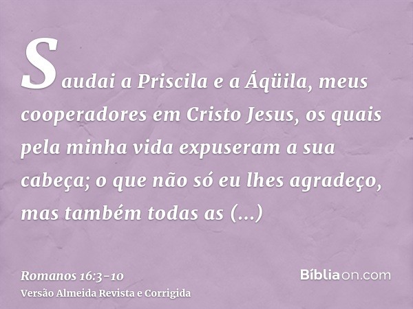 Saudai a Priscila e a Áqüila, meus cooperadores em Cristo Jesus,os quais pela minha vida expuseram a sua cabeça; o que não só eu lhes agradeço, mas também todas