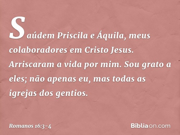 Saúdem Priscila e Áquila, meus colaboradores em Cristo Jesus. Arriscaram a vida por mim. Sou grato a eles; não apenas eu, mas todas as igrejas dos gentios. -- R