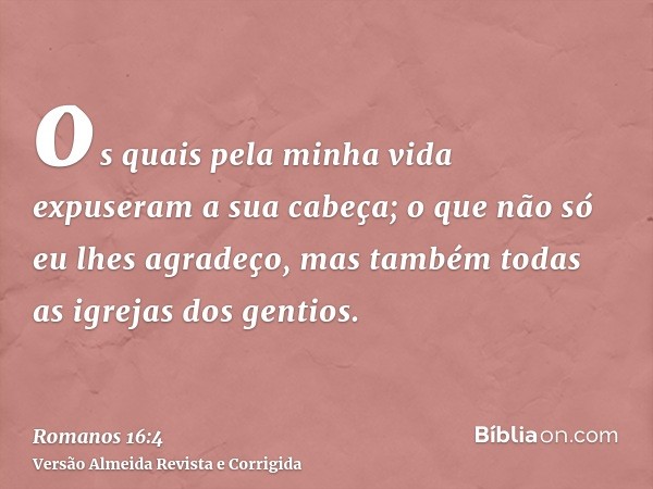 os quais pela minha vida expuseram a sua cabeça; o que não só eu lhes agradeço, mas também todas as igrejas dos gentios.