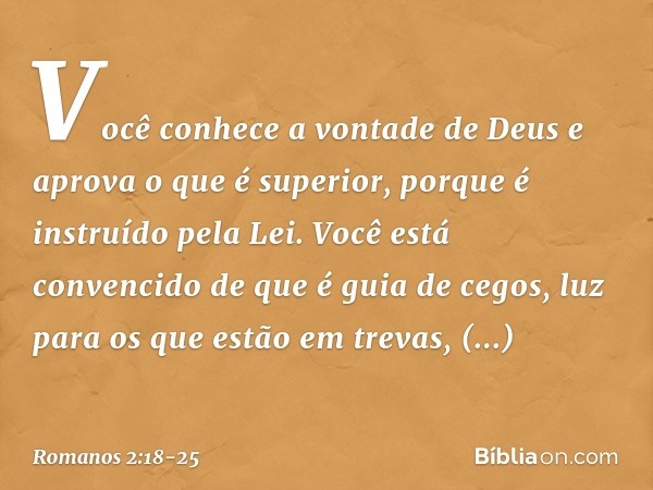 Você conhece a vontade de Deus e aprova o que é superior, porque é instruído pela Lei. Você está convencido de que é guia de cegos, luz para os que estão em tre