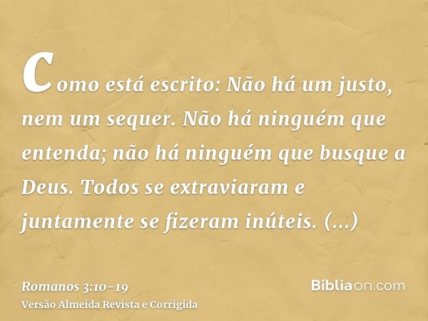como está escrito: Não há um justo, nem um sequer.Não há ninguém que entenda; não há ninguém que busque a Deus.Todos se extraviaram e juntamente se fizeram inút