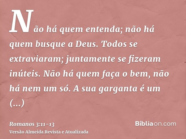 Não há quem entenda; não há quem busque a Deus.Todos se extraviaram; juntamente se fizeram inúteis. Não há quem faça o bem, não há nem um só.A sua garganta é um