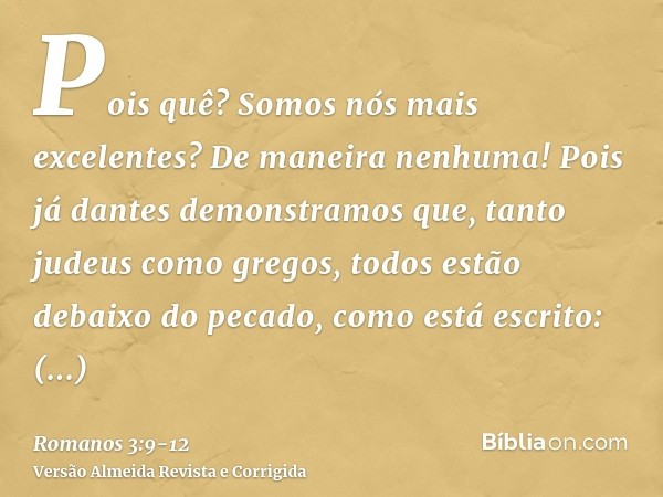 Pois quê? Somos nós mais excelentes? De maneira nenhuma! Pois já dantes demonstramos que, tanto judeus como gregos, todos estão debaixo do pecado,como está escr