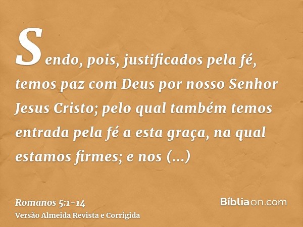 Sendo, pois, justificados pela fé, temos paz com Deus por nosso Senhor Jesus Cristo;pelo qual também temos entrada pela fé a esta graça, na qual estamos firmes;