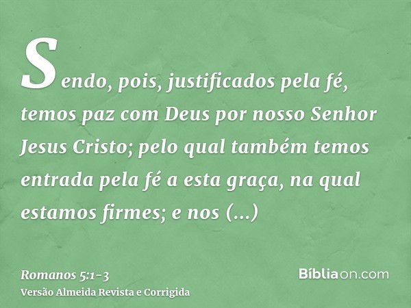 Sendo, pois, justificados pela fé, temos paz com Deus por nosso Senhor Jesus Cristo;pelo qual também temos entrada pela fé a esta graça, na qual estamos firmes;