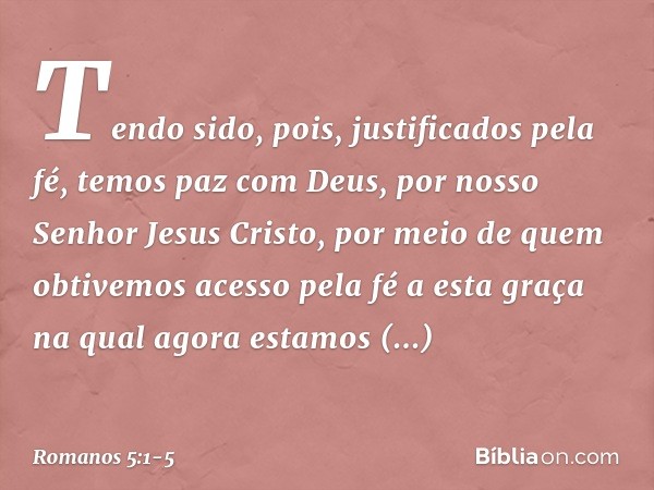 Tendo sido, pois, justificados pela fé, temos paz com Deus, por nosso Senhor Jesus Cristo, por meio de quem obtivemos acesso pela fé a esta graça na qual agora