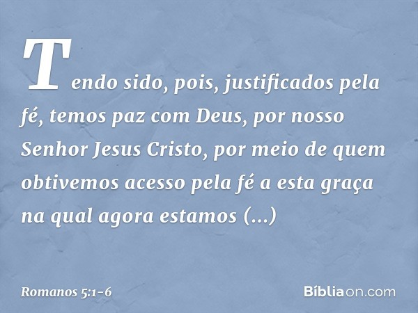 Tendo sido, pois, justificados pela fé, temos paz com Deus, por nosso Senhor Jesus Cristo, por meio de quem obtivemos acesso pela fé a esta graça na qual agora 